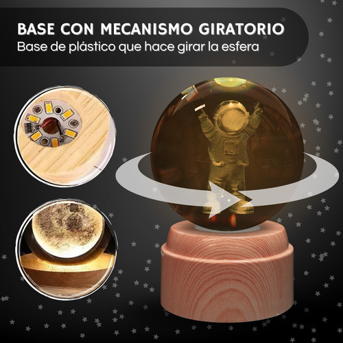 Lampara De Noche Bola Cristal Base Giratoria Led 3d Colores Madera Delfines