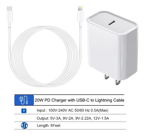 Cargador Rápido Usb C De Pared 20w Con Cable 1.8m Para Iphon