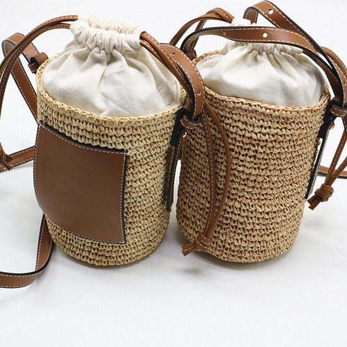 2 Bolso De Paja De Barril Redondo Tejido A