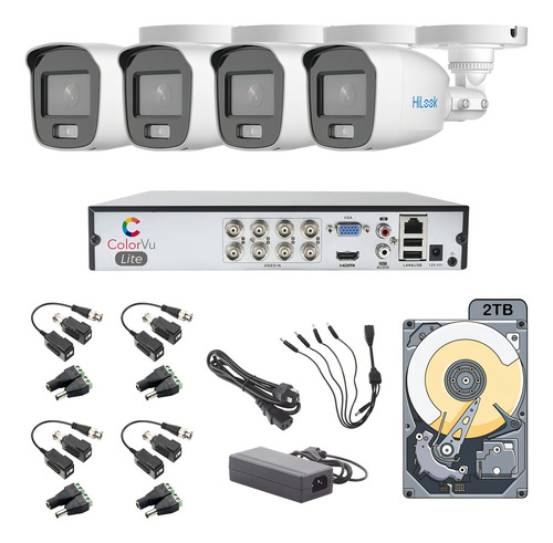Kit Circuito Cerrado Hikvision Hilook Dvr 8 Canales 4 Camaras 1080p 2mp Full Hd Colorvu Video A Color 24/7 Thc-b129-p Video Baluns + Disco Duro 2tb