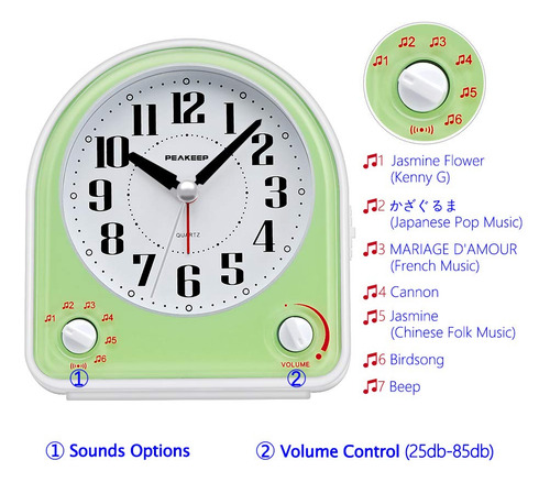 Reloj Alarma Peakeep Melody Con Control De Volumen Y Sonidos Verde