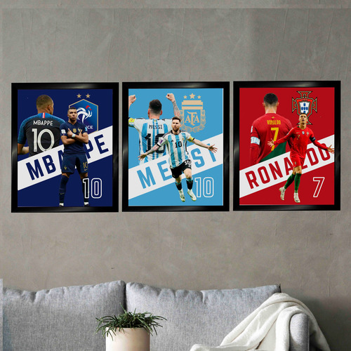 Set 3 Cuadros Futbol Messi Mbappe Cristiano Cr7 55 X 45 Cm