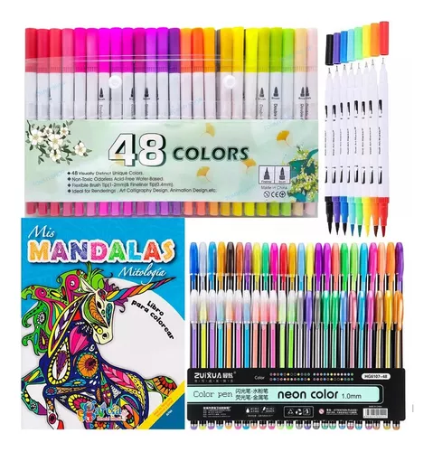 Libro De Mandalas + Plumones Pincel Rotuladores + Plumas Gel