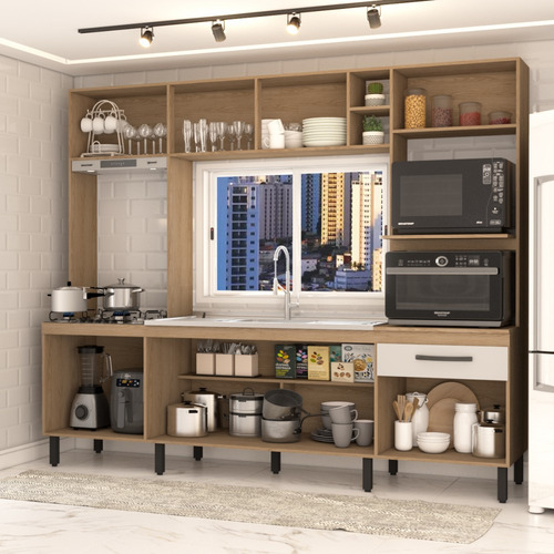 Cozinha Compacta Mavie 6 Portas 1 Gaveta Pistão Freijó/off Cor Bege