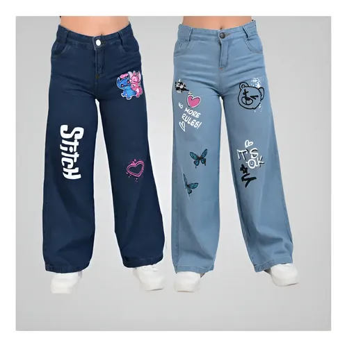 Kit 2 Calças Jeans P/ Meninas Wide Leg Stitch Escuro/no More