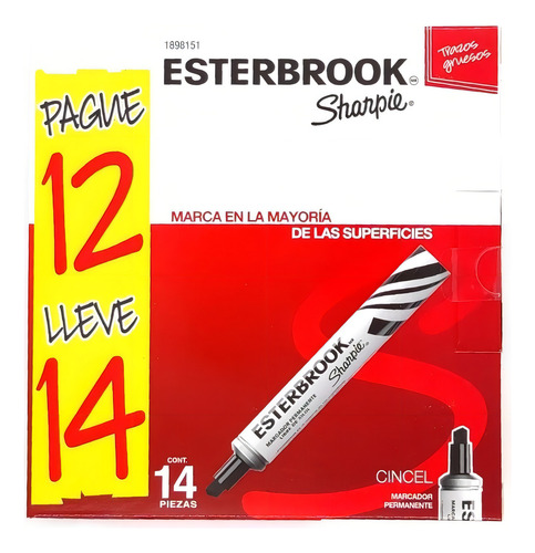 Marcador Permantente Sharpie Esterbrook Negro 12 + 2 Piezas