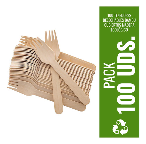 Imagen 2 de 10 de 100 Tenedores Desechables Bambú Cubiertos Madera Ecológico