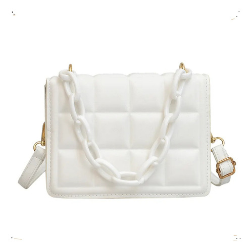 Cartera  Elisabeth&Co Fashion Square diseño tartan de cuero sintético  blanca con correa de hombro blanca asas color dorado y herrajes metal y plástico