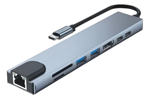 Adaptador Usb C 8-1 A Usb C Hdtv Sd Tf Usb 3.0 Usb Pd Lan Color Gris Oscuro