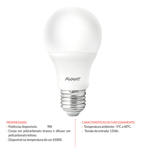 Lâmpada Led 9w E27 12 Volts Bateria, Barco Luz Branca Avant