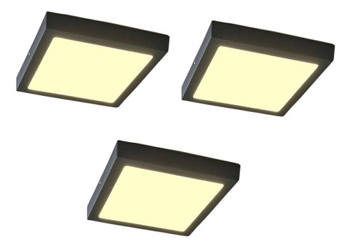 Foco Led 12w Sobrepuesto Cuadrado Negro Luz Cálida 220v X3