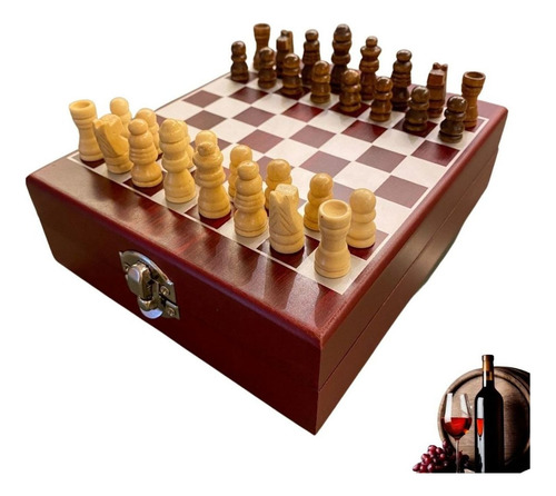 Jogo Para Vinho Com Xadrez Inox Caixa Luxo Madeira 9 Peças