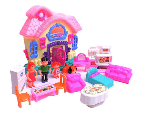 Casa Para Muñecos Con Muñecos Y Accesorios Con Sonido Color amarilla y rosa