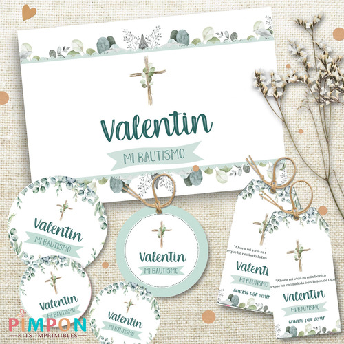 Kit Imprimible Eucalipto - Bautismo - Personalizado