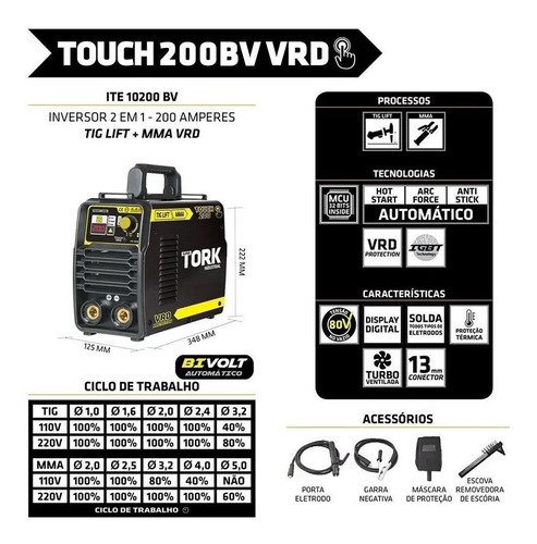Imagem 6 de 6 de Máquina Solda Inversora Bivolt Tig Eletr Touch 200a Vrd Tork
