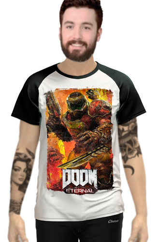 Playera Doom Eternal Blanca Manga Ranglan Negra