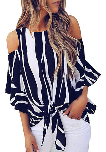 Blusa A Rayas Para Mujer, Hombros Descubiertos, Lazo En La C