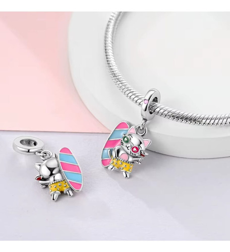 Charm Dije Gato Tabla Surf Compatible Pulsera Rosa