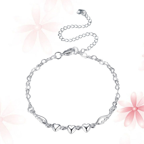 Pulsera De Tobillo Corazón De Plata Elegante Alas De Ángel C