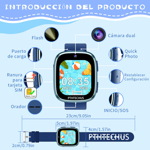 Reloj inteligente para niños Llamadas 2g SmartWatch Pthtechus FULL HD LCD SmartWatch Compatible con chip SIM Y Sos Llame Teléfono Watch Modelo X39 Color Azul Reloj Inteligente SmartWatch Para Niños