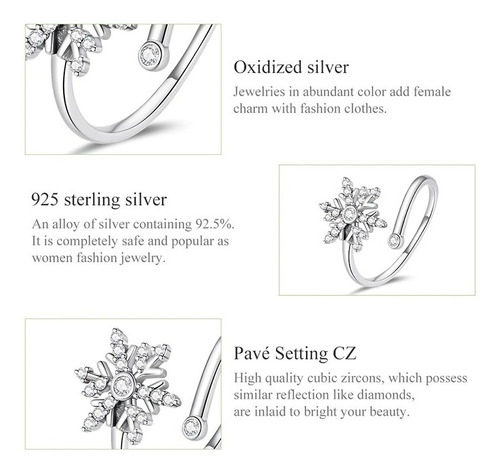 Imagen 5 de 8 de Anillo Ajustable Y Aretes Copo De Nieve Para Mujer En Plata