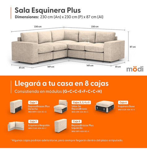 Sofá Sala Seccional Modular Esquinera Plus De 5 Plazas | Beige Liso