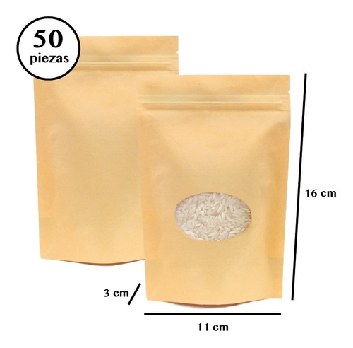 Imagen 4 de 6 de 50 Bolsas Stand Up Pouch Kraft Con Ventana Ovalada 80 Grs