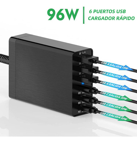 Cargador 96w Con 6 Puertos Con 3 Puertos Usb-c + 3 Puertos U