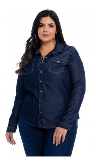 camisa jeans feminina manga longa plus size