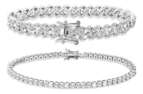 Senteria 2 Pcs Cuban Link Bracelet For Men Women 14k White G