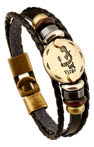 Pulseira De Couro Vintage Zodiac Masculina Virgo Constellati