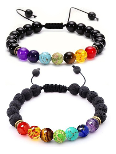 Pulsera De Ágata Negra Con 7 Chakras Y Piedra Volcánica