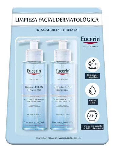 2 Eucerin Gel Limpiador Facial Dermatoclean De 200 Ml. C/u