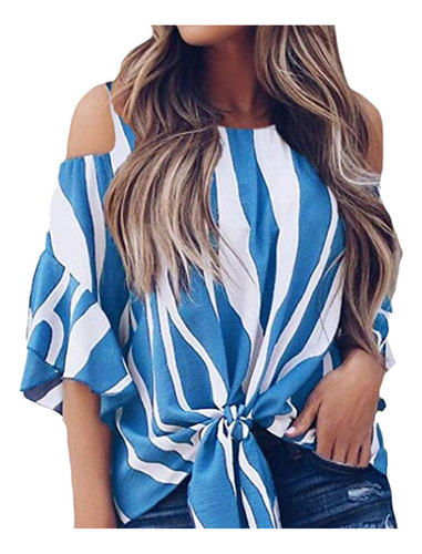 Blusa A Rayas Para Mujer, Hombros Descubiertos, Lazo En La C