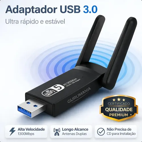 Adaptador Wifi Usb 3.0 Placa De Rede Dual Band 1300Mbps Gigabit 2 Antenas - Gurumania