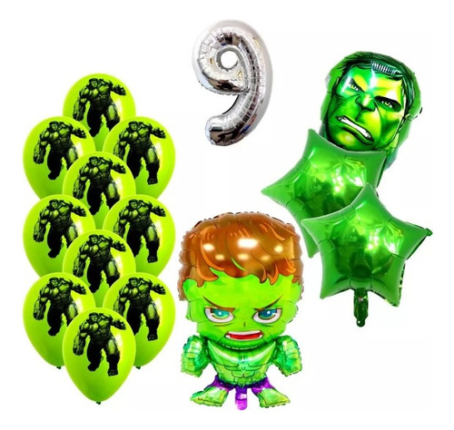 Combo Kit Globos Hulk 65cm+numero 40cm+impresos Hulk