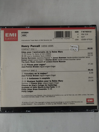 Cd. Purcell Ondes Pour I'aniversaire De La Reine Mary (Usado)