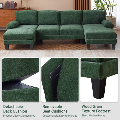 Sofá Modular 110 Pulgadas Forma U Diván Doble Verde Bosque