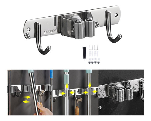 Soporte Para Escoba Y Fregona, Soporte De 1 Clip 2 Gancho