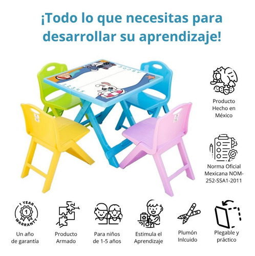 Mesa Infantil Plegable 4 Sillas De Colores Para Niños Dibujo