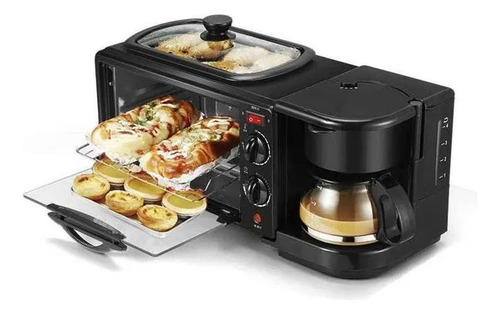 Horno Eléctrico Con Cafetera Y Plancha (desayunador 3 En 1) Negro