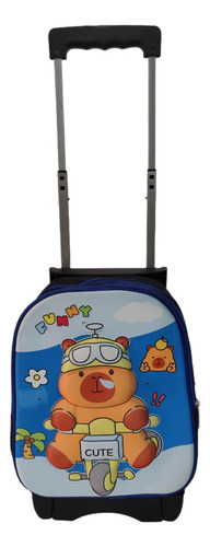 Mochila De Moda Capibara Con Luz. Con Llantas O Ruedas Para Preescolar O Kinder. Varios Modelos Niño Y Niña Azul Claro Liso