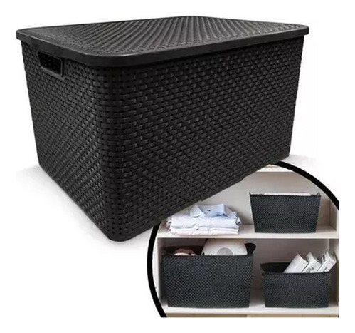 Caixa Cesto 20l Preta Organizadora Rattan Multiuso Tampa-3un