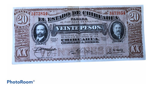 Billete Antiguo Revolucionario, 20 Pesos Chihuahua 3473854