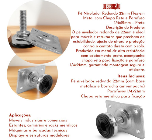 Sapata Pé Nivelador Reg 1/4 Com Chapa 30x45 P/ Móveis - 16un