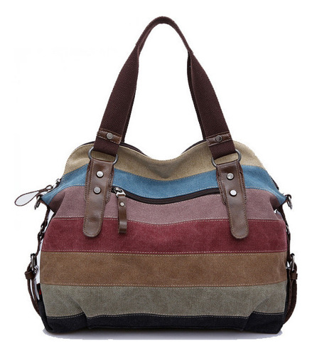 Bolsa De Lona A Rayas De Arco Iris Empalmada Bolsa De Mujer Tela De Lavado