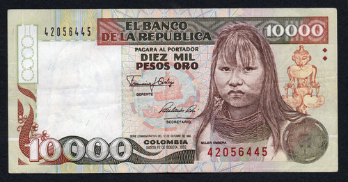Colombia Diez Mil Pesos Oro 1992 Primera Fecha 