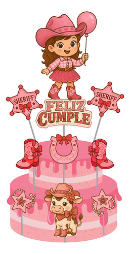 Adorno Torta Vaquera Cowboy Topper Cumpleaños Infantiles Rosa Vaquerita Cowboy
