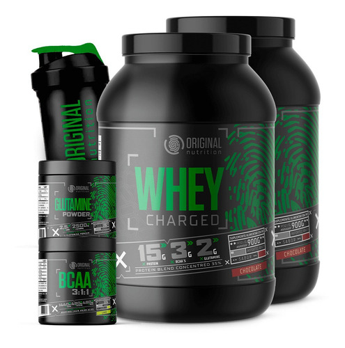 Combo 2x Whey Charged + Glutamina + Bcaa + Shaker - Sabor Chocolate