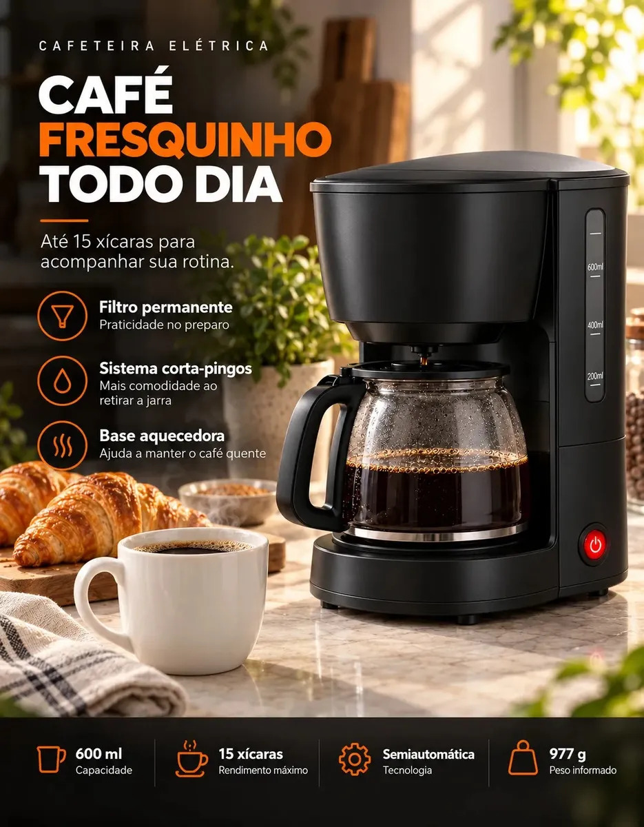 Cafeteira Elétrica 15 Xícaras 600ml Com Filtro Permanente Sistema Corta-pingos E Base Aquecedora Para Café Casa Escritório Cozinha Preto 127v
